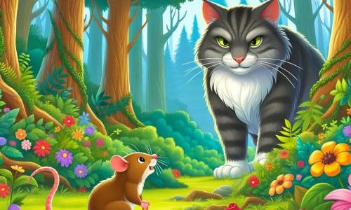 Une illustration destinée aux enfants représentant un petit rat malin, se retrouvant face à un chat féroce, dans une forêt luxuriante remplie de fleurs colorées et de grands arbres majestueux.