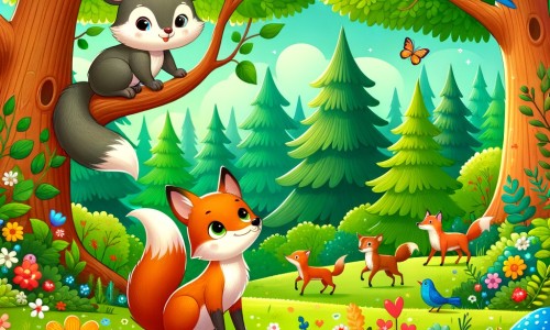 Une illustration destinée aux enfants représentant un petit rongeur rusé, accompagné d'un ami renard, dans une forêt enchantée remplie d'arbres majestueux, de fleurs colorées et d'animaux joyeux.