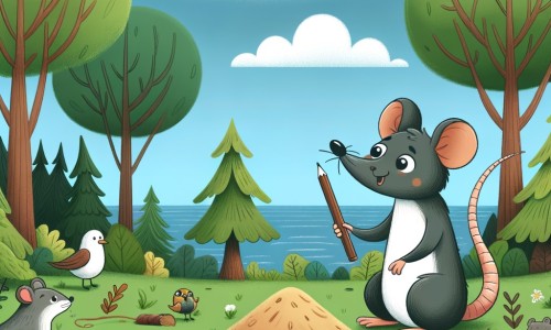 Une illustration destinée aux enfants représentant un petit rat malin, affrontant une famine avec l'aide d'autres animaux, dans une forêt luxuriante où les arbres sont si grands qu'ils touchent le ciel.