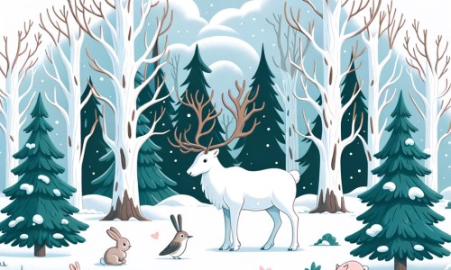 Une illustration destinée aux enfants représentant un majestueux renne solitaire, accompagné d'un oisillon et d'un petit lapin, dans une forêt enneigée où les arbres sont en train de mourir à cause de la pollution humaine.