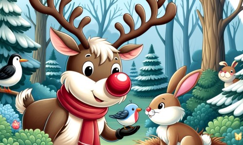 Une illustration destinée aux enfants représentant un renne au nez rouge vif, se trouvant dans une forêt enchantée, accompagné d'un lapin, dans une situation où ils aident un oisillon tombé du nid.