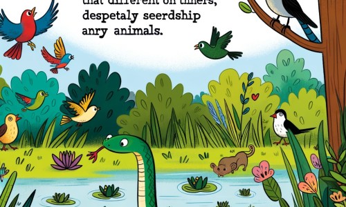 Une illustration destinée aux enfants représentant un serpent curieux et différent des autres, cherchant désespérément l'amitié dans un marais luxuriant peuplé de grenouilles sautillantes, d'oiseaux colorés et de rats espiègles.