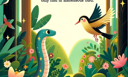 Une illustration pour enfants représentant un serpent, qui se sent seul et rejeté par les autres animaux de la forêt verdoyante, cherche à se faire des amis et à trouver sa place dans un environnement naturel.