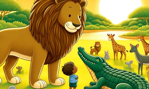 Une illustration destinée aux enfants représentant un fier lion, roi de la jungle, faisant face à un crocodile, tandis que des animaux de la savane observent attentivement depuis les hautes herbes verdoyantes d'une clairière baignée par la lumière chaude du soleil couchant.