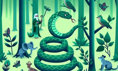 Une illustration pour enfants représentant un serpent aux écailles vert émeraude se trouvant dans une forêt mystérieuse, aidant les animaux blessés et protégeant la nature.