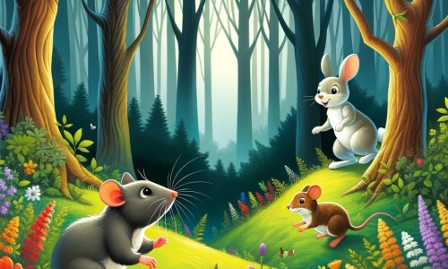 Une illustration destinée aux enfants représentant un petit rat malin et timide qui rencontre une souris amicale et un lapin bondissant dans une forêt dense et sombre, remplie de fleurs colorées et d'arbres majestueux.