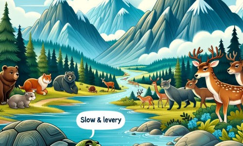 Une illustration pour enfants représentant une tortue lente et astucieuse qui veut voyager, traversant un lac pour atteindre une grande colline offrant un magnifique paysage.