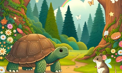 Une illustration destinée aux enfants représentant une tortue timide, cachée dans sa carapace, qui rencontre une souris curieuse dans une forêt enchantée remplie de fleurs colorées et d'arbres majestueux.