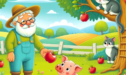 Une illustration destinée aux enfants représentant un mignon petit cochon curieux, se retrouvant avec une patte cassée après avoir grimpé dans un arbre pour attraper une pomme rouge brillante, accompagné d'un vieux chat bienveillant, dans une ferme entourée de vastes champs verdoyants et d'arbres majestueux.