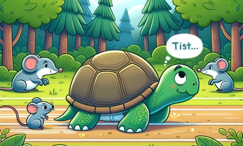Une illustration destinée aux enfants représentant une tortue lente et déterminée, participant à une course contre des animaux rapides, avec une petite souris comme personnage secondaire, dans une forêt verdoyante et luxuriante.
