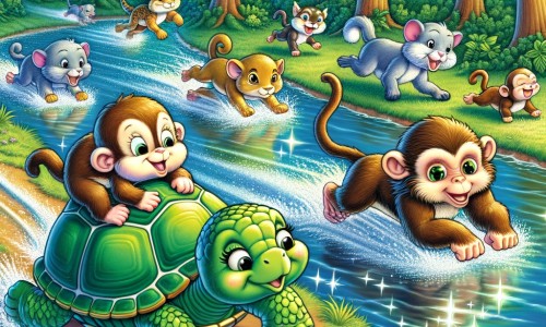 Une illustration pour enfants représentant une tortue timide et solitaire, née au cœur d'une forêt, qui cherche à se faire des amis avec d'autres animaux.