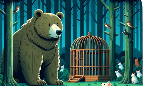 Une illustration pour enfants représentant un ours solitaire au cœur de la forêt dense et profonde, qui est appelé à sauver une famille de souris capturée par un chat sauvage.