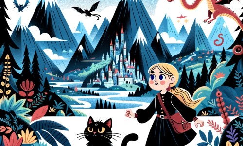Une illustration pour enfants représentant une petite fille curieuse et aventurière qui découvre un livre magique dans une forêt entourée de montagnes.