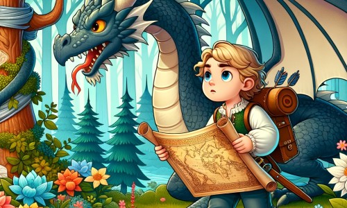 Une illustration destinée aux enfants représentant un petit garçon intrépide, découvrant une carte mystérieuse, accompagné d'un dragon majestueux, dans une forêt enchantée parsemée de fleurs colorées et d'arbres géants.