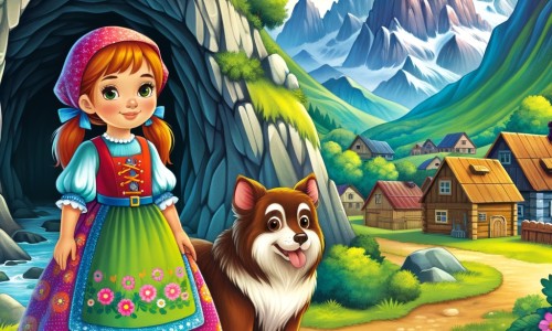 Une illustration destinée aux enfants représentant une petite fille intrépide, vêtue d'une robe colorée, se tenant devant l'entrée d'une grotte mystérieuse, accompagnée d'un fidèle compagnon à quatre pattes, dans un village niché au pied de majestueuses montagnes verdoyantes.