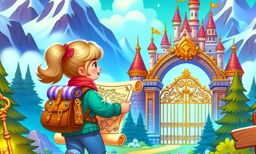 Une illustration pour enfants représentant une petite fille intrépide qui part à l'aventure dans une forêt mystérieuse pour trouver un monde merveilleux rempli de magie et de créatures fantastiques.