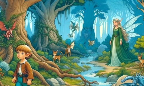 Une illustration pour enfants représentant un petit garçon curieux et solitaire partant à l'aventure dans une immense forêt enchantée.