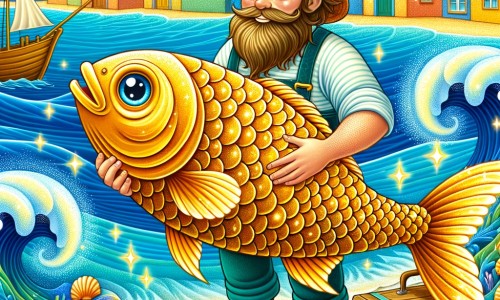 Une illustration pour enfants représentant un pêcheur chanceux, qui attrape un poisson magique, dans un petit village au bord de la mer.