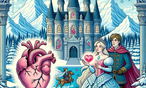 Une illustration destinée aux enfants représentant une princesse au cœur de glace, confrontée à une malédiction, accompagnée d'un prince courageux, dans un somptueux château entouré de montagnes enneigées et d'une forêt enchantée.