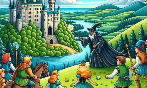 Une illustration destinée aux enfants représentant une princesse courageuse et déterminée, accompagnée de ses fidèles amis, affrontant un méchant sorcier dans un magnifique château perché sur une colline verdoyante surplombant une vallée scintillante.