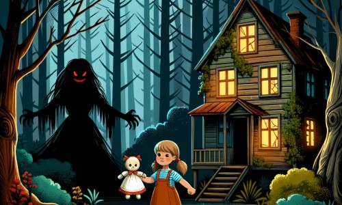 Une illustration destinée aux enfants représentant une petite fille courageuse, confrontée à une poupée maléfique, dans une vieille maison abandonnée envahie par les ombres sinistres, située au cœur d'une forêt mystérieuse.