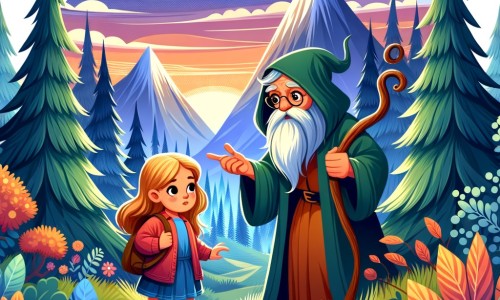 Une illustration destinée aux enfants représentant une petite fille curieuse se promenant dans une forêt enchantée, accompagnée d'un mystérieux conteur, au milieu de montagnes majestueuses et d'arbres touffus aux couleurs chatoyantes.