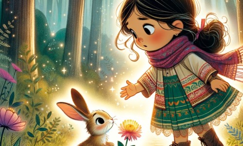 Une illustration pour enfants représentant une petite fille curieuse, se promenant dans une forêt enchantée où elle rencontre un lapin perdu et une fleur solitaire, découvrant ainsi les trésors de l'amitié et de l'espoir.