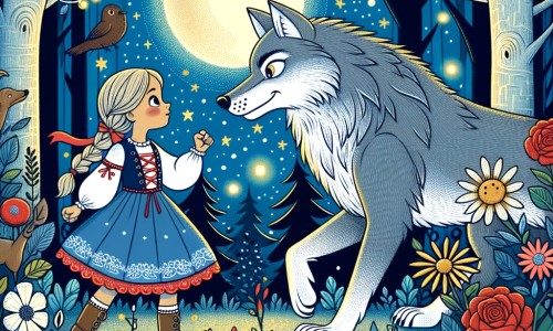 Une illustration destinée aux enfants représentant une petite fille courageuse se tenant face à un grand méchant loup, dans une forêt enchantée où les fleurs dansent et les animaux chantent.