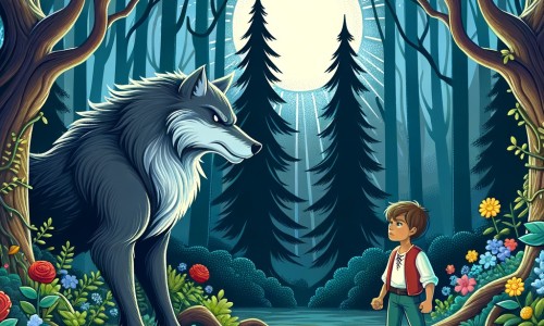 Une illustration pour enfants représentant un petit garçon courageux faisant face à un grand méchant loup dans le village au cœur de la forêt.