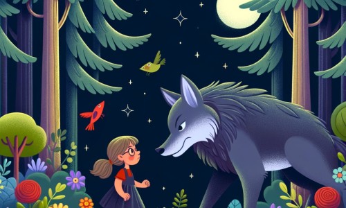 Une illustration destinée aux enfants représentant une petite fille courageuse, confrontée au grand méchant loup, dans une sombre forêt enchantée remplie d'arbres majestueux, de fleurs colorées et d'animaux curieux.
