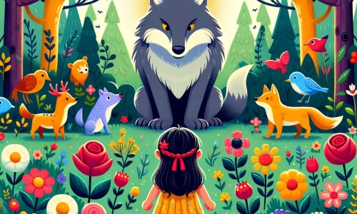 Une illustration destinée aux enfants représentant une petite fille courageuse, face au grand méchant loup, dans une forêt enchantée remplie de fleurs colorées et d'animaux curieux.