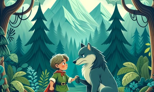 Une illustration destinée aux enfants représentant un petit garçon courageux et curieux, faisant face à un grand méchant loup dans une forêt dense et mystérieuse, avec des arbres majestueux et des montagnes en arrière-plan.