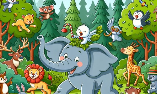Une illustration destinée aux enfants représentant un éléphant farceur se trouvant dans une forêt luxuriante, accompagné d'une joyeuse bande d'animaux, où des aventures amusantes et des blagues se déroulent.