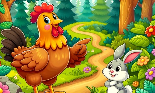 Une illustration destinée aux enfants représentant une joyeuse poule aventurière se tenant fièrement sur un sentier sinueux, accompagnée d'un lapin malin, dans une forêt luxuriante avec des arbres aux feuilles colorées et des fleurs éclatantes.