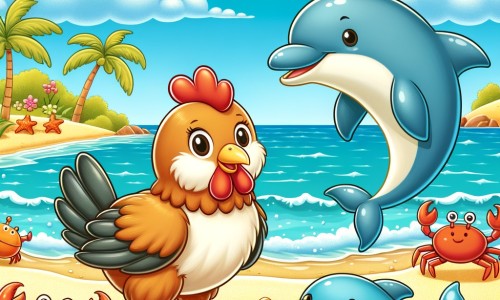 Une illustration pour enfants représentant une poule curieuse qui découvre une plage paradisiaque et rencontre des amis animaux amusants.