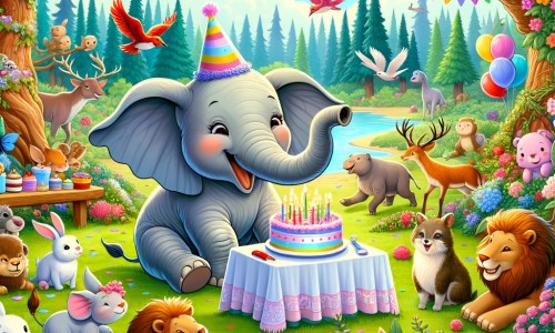 Une illustration destinée aux enfants représentant un éléphant joyeux préparant une fête d'anniversaire avec ses amis animaux dans une forêt enchantée remplie de fleurs colorées, d'arbres majestueux et d'oiseaux chantants.