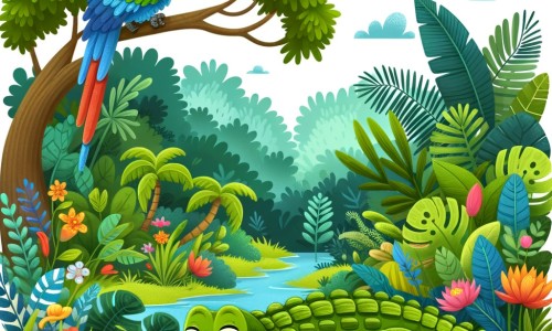 Une illustration pour enfants représentant un grand crocodile assoupi au bord d'une rivière, qui rencontre un perroquet qui cherche un endroit pour construire son nid, dans une forêt paisible.