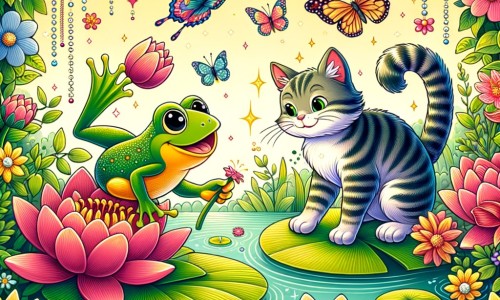 Une illustration destinée aux enfants représentant une joyeuse grenouille se baladant parmi les nénuphars d'un étang enchanteur, accompagnée d'un chat malicieux, dans un décor vibrant de couleurs avec des fleurs éclatantes et des papillons virevoltants.