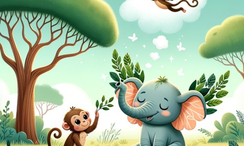 Une illustration destinée aux enfants représentant un éléphant rêveur, qui fabrique des ailes en feuilles et en branches, accompagné d'un singe bricoleur, dans une savane luxuriante aux arbres majestueux et à l'herbe verte et douce.