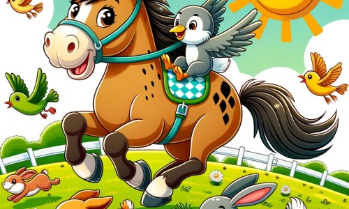 Une illustration destinée aux enfants représentant un cheval malicieux participant à une course de chevaux dans une prairie ensoleillée, accompagné de son fidèle ami, un chien joueur, entourés de lapins sautillants et d'oiseaux chantant.