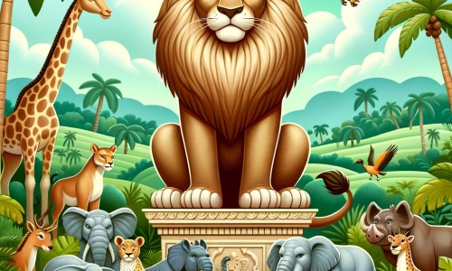 Une illustration destinée aux enfants représentant un majestueux lion, assis sur son trône, entouré d'animaux de la jungle, dans un paysage luxuriant de la savane africaine.