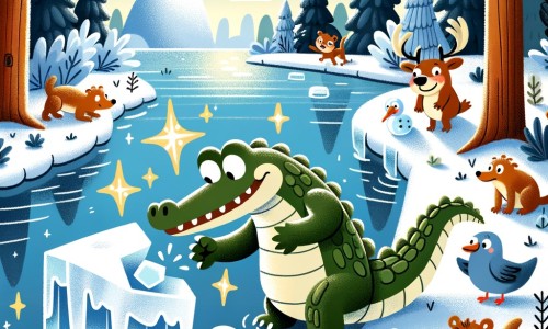 Une illustration destinée aux enfants représentant un joyeux crocodile maladroit découvrant un mystérieux objet blanc et froid près de la rivière, accompagné de ses amis animaux curieux, dans un paysage hivernal enchanté où la glace scintille sous le soleil.