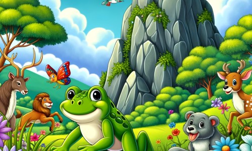 Une illustration destinée aux enfants représentant une petite grenouille curieuse et espiègle se lançant dans une aventure palpitante avec ses amis animaux, dans une prairie verdoyante bordée de fleurs multicolores et d'un grand rocher majestueux.