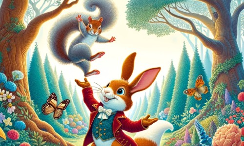 Une illustration destinée aux enfants représentant un joyeux lapin espiègle qui fait des acrobaties avec un écureuil dans une forêt enchantée remplie de fleurs colorées et d'arbres majestueux.