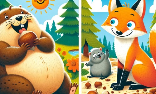 Une illustration destinée aux enfants représentant une marmotte gourmande, vivant dans une clairière ensoleillée, qui se retrouve confrontée à un renard rusé dans une quête amusante pour trouver des noisettes.