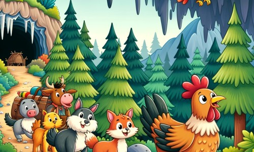 Une illustration destinée aux enfants représentant une poule aventurière se lançant dans une exploration passionnante avec ses amis animaux, à travers une forêt luxuriante menant à une grotte mystérieuse remplie de stalactites et de stalagmites.