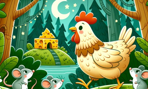 Une illustration destinée aux enfants représentant une poule aventurière, accompagnée de souris curieuses, explorant une forêt luxuriante pour trouver un endroit magique rempli de fromage.