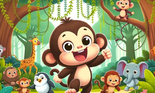Une illustration destinée aux enfants représentant un joyeux singe espiègle qui se lance dans une aventure palpitante avec ses amis animaux, dans une forêt luxuriante remplie de lianes suspendues et d'arbres majestueux.