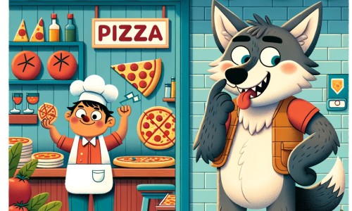 Une illustration destinée aux enfants représentant un loup affamé, en quête de la meilleure pizza de la ville, accompagné d'un propriétaire de pizzeria joyeux, dans une petite pizzeria colorée et chaleureuse.