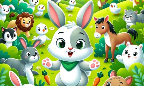 Une illustration destinée aux enfants représentant un petit lapin malicieux dans une vallée verdoyante, accompagné de ses amis animaux, enquêtant sur la mystérieuse disparition des carottes.